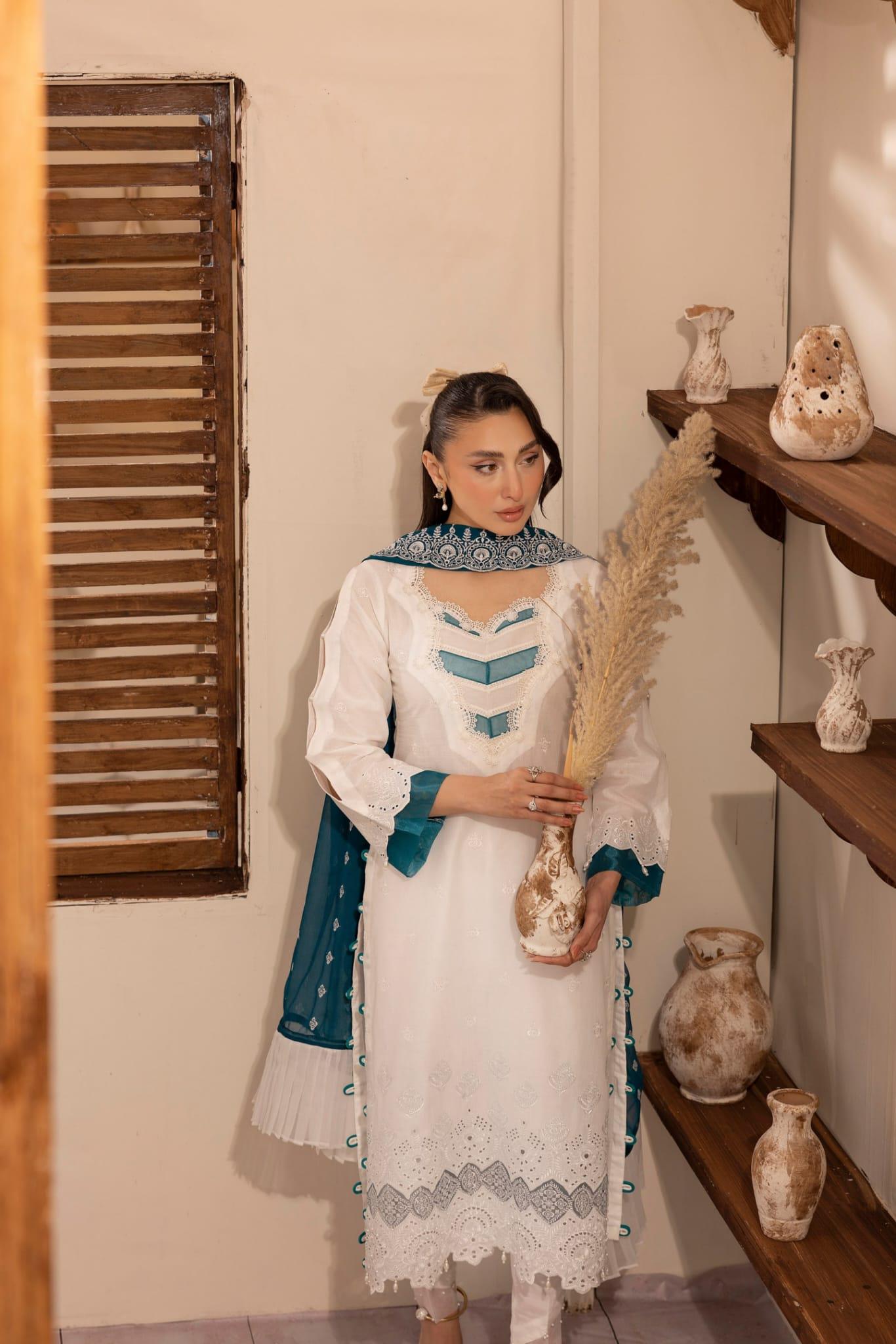 Cotton Chikkankari Shirt: Embroidered Organza Applique, Pearls & Tassels