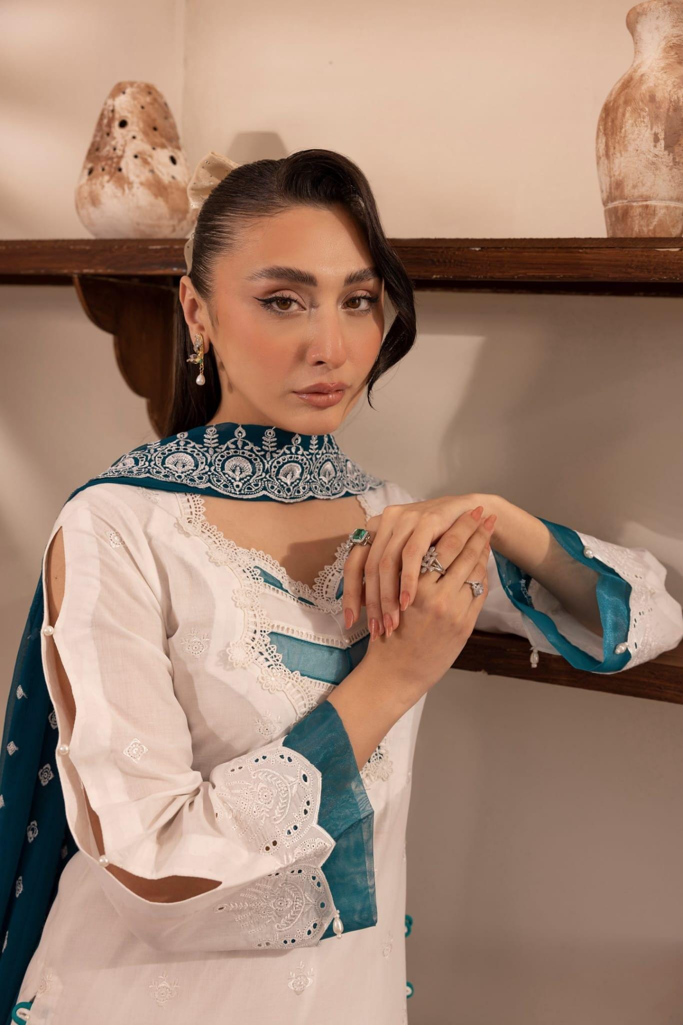 Cotton Chikkankari Shirt: Embroidered Organza Applique, Pearls & Tassels