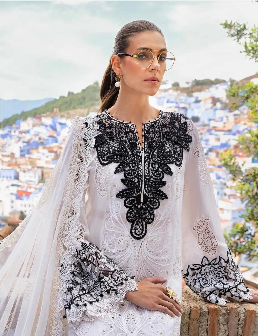 Maria b inspired hit code Emboss work net duppata Pearls Tassels
