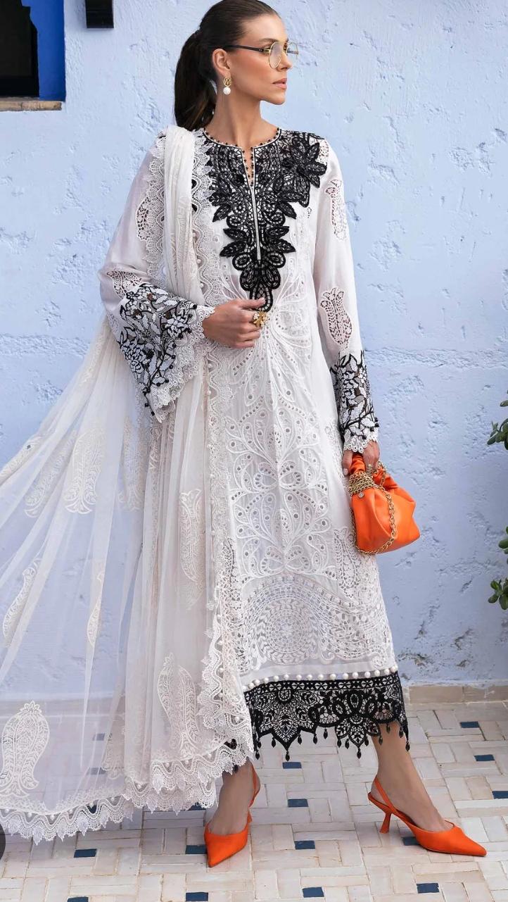 Maria b inspired hit code Emboss work net duppata Pearls Tassels