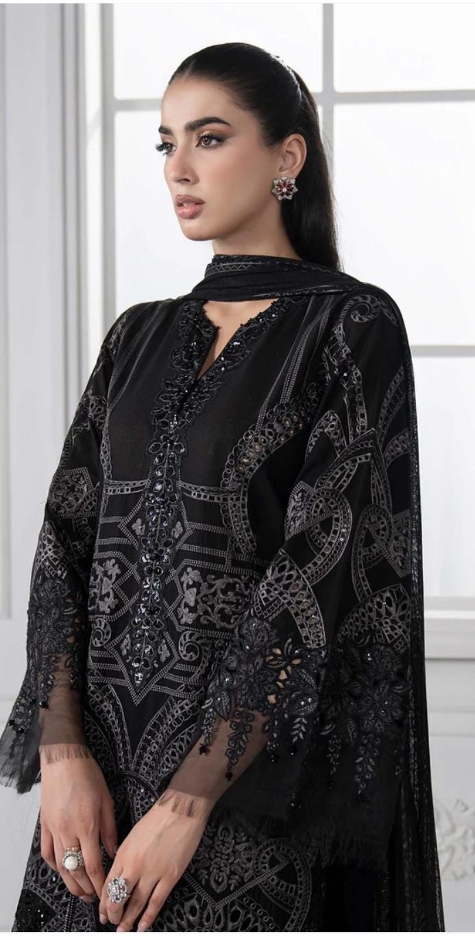 Maria b inspired hit code Emboss work net duppata Pearls Tassels