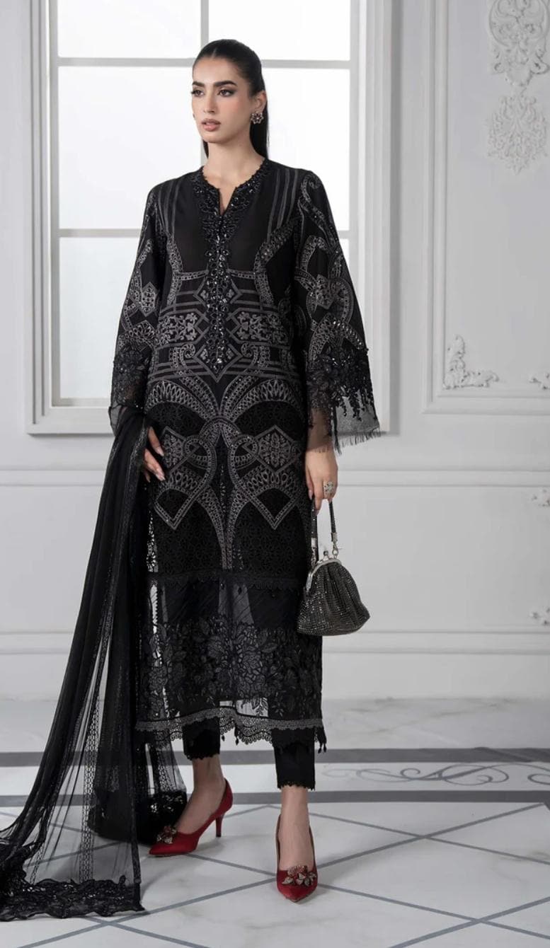 Maria b inspired hit code Emboss work net duppata Pearls Tassels