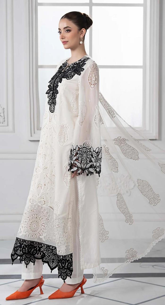Maria b inspired hit code Emboss work net duppata Pearls Tassels