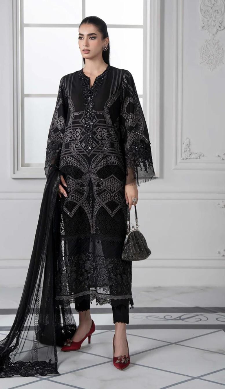 Maria b inspired hit code Emboss work net duppata Pearls Tassels