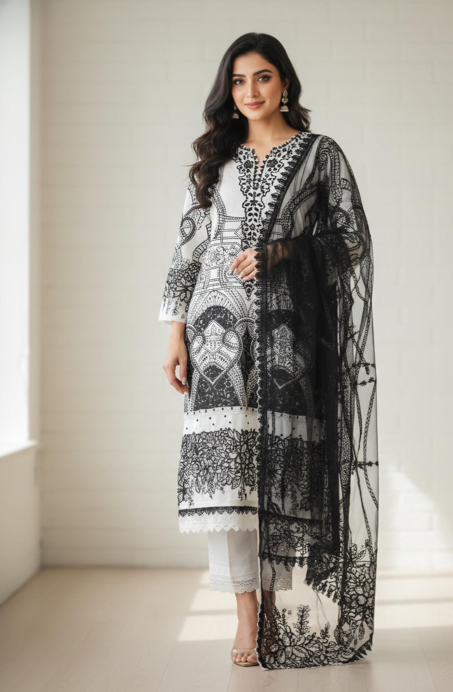 Maria b inspired hit code Emboss work net duppata Pearls Tassels