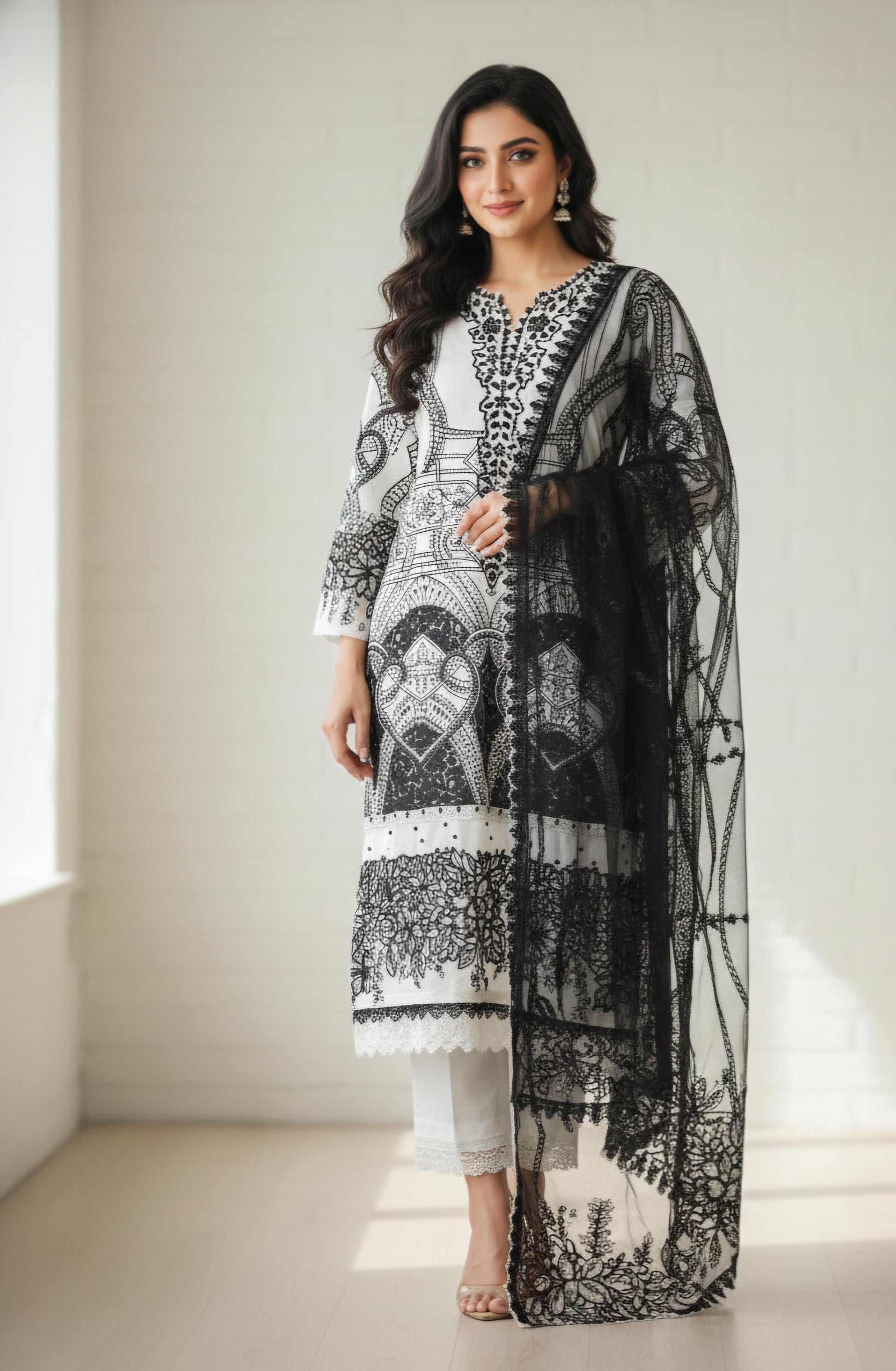Maria b inspired hit code Emboss work net duppata Pearls Tassels