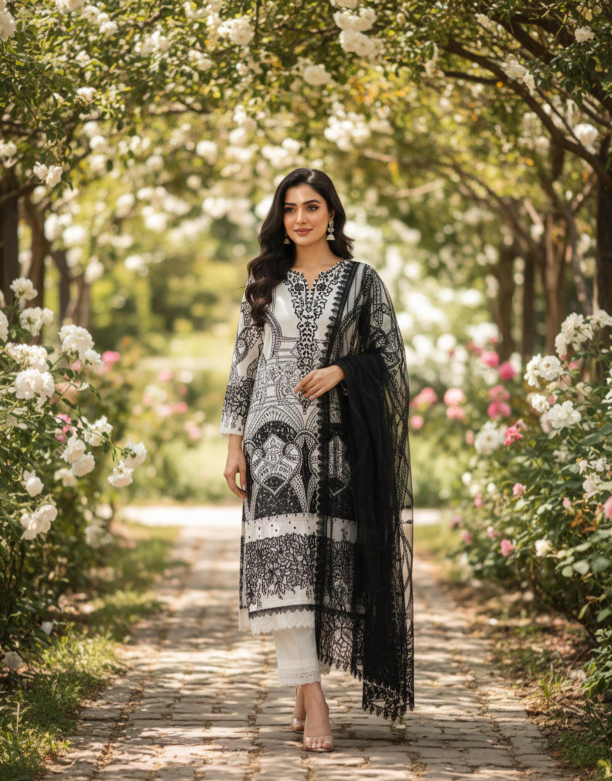 Maria b inspired hit code Emboss work net duppata Pearls Tassels