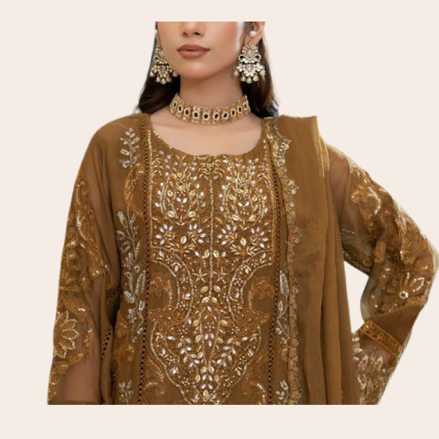 Antique Gold 3 Piece Pakistani Suit | Embroidered Chiffon Dresses for Wedding & Party Wear