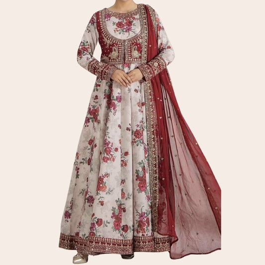 Digital Print Embroidered Salwar Kameez | Satin Lawn 3-Piece Pakistani Suit | Eid & Party Wear
