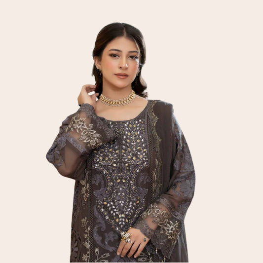 Pakistani Chiffon Dress Canada | Antique Gold Embroidered 3 Piece Wedding & Party Wear
