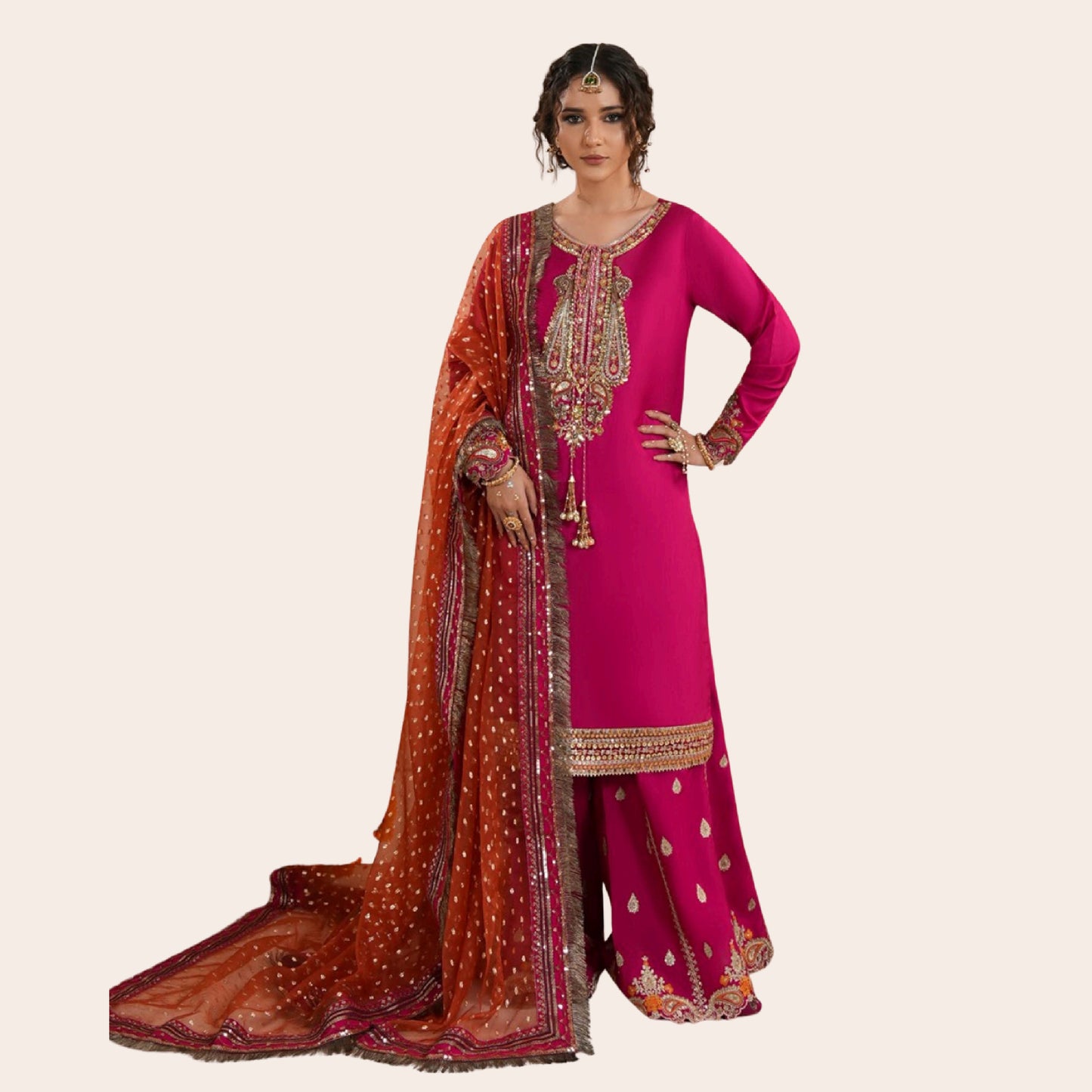 Fuchsia Raw Silk Pakistani Wedding Outfit | Embroidered Farshi Shalwar Dress Canada
