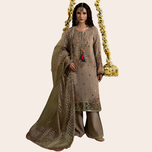 Elegant Raw Silk Pakistani Dress | Embroidered 3-Piece Wedding Outfit Canada