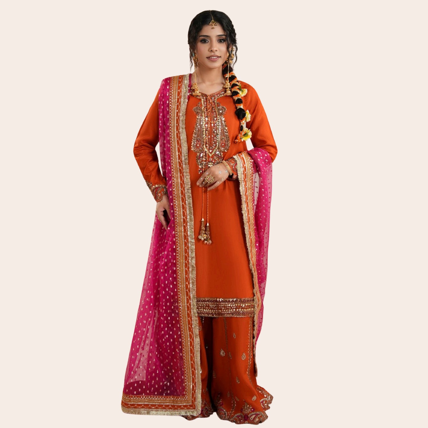 Burnt Orange Raw Silk Pakistani Dress | Embroidered Farshi Shalwar Wedding Outfit Canada