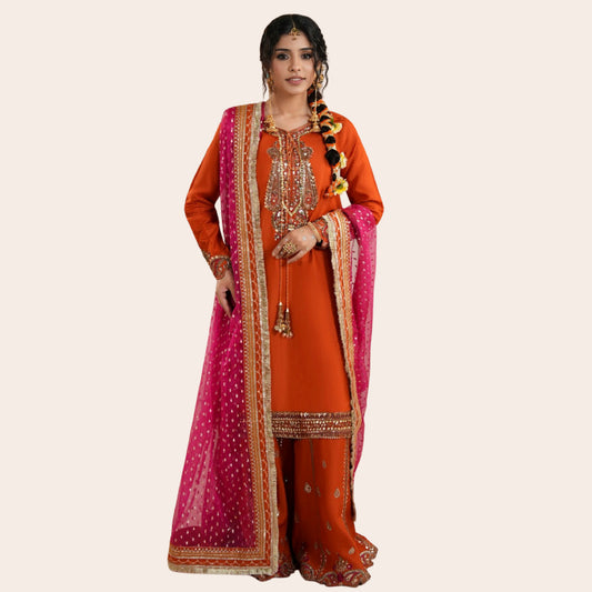Burnt Orange Raw Silk Pakistani Dress | Embroidered Farshi Shalwar Wedding Outfit Canada