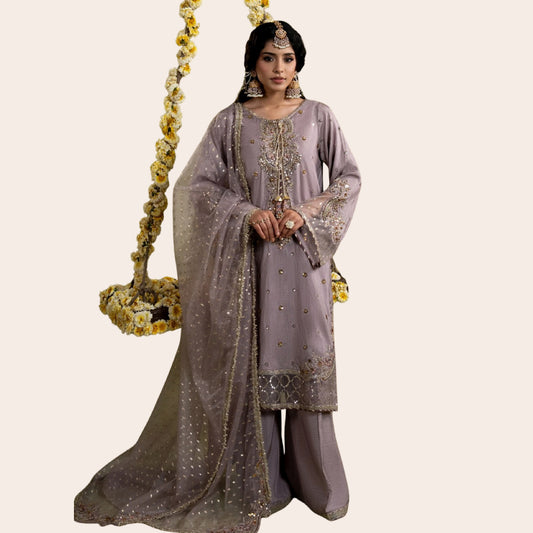 Refined Raw Silk Pakistani Wedding Dress | Farshi Shalwar & Organza Dupatta Canada
